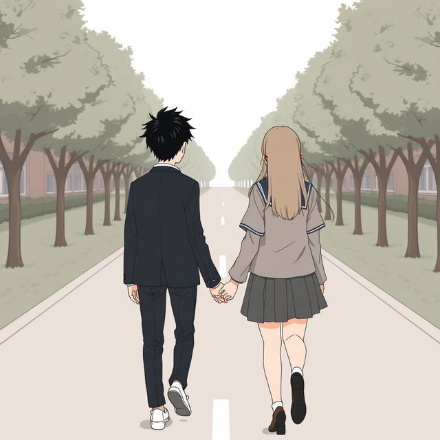 A high school couple holding hands, seen from the back view, illustrated in a subtle anime style