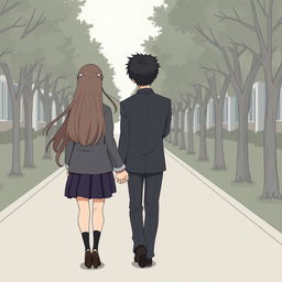 A high school couple holding hands, seen from the back view, illustrated in a subtle anime style