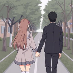 A high school couple holding hands, seen from the back view, illustrated in a subtle anime style