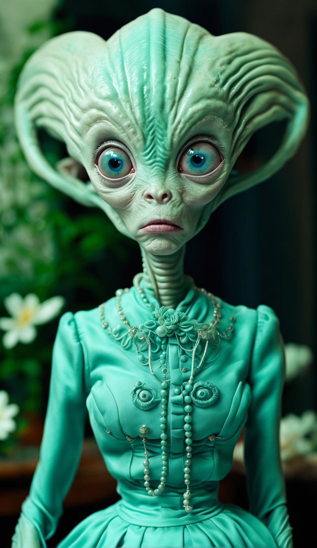 Cyan-skinned alien with large eyes dressed as a 1950s upper-middle-class American housewife, captured in high-resolution using a Canon EOS 5DS and an 85mm f/1.2 lens.