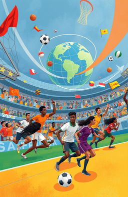 A dynamic illustration representing the intersection of sociology and sports, featuring a diverse group of athletes from various backgrounds engaging in sporting activities