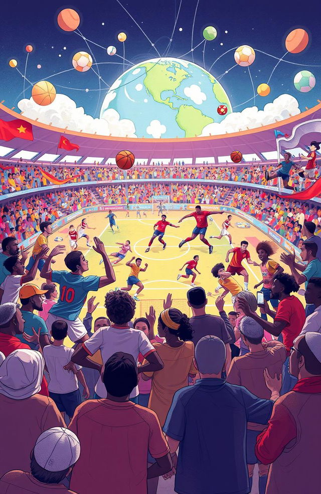 A dynamic illustration representing the intersection of sociology and sports, featuring a diverse group of athletes from various backgrounds engaging in sporting activities