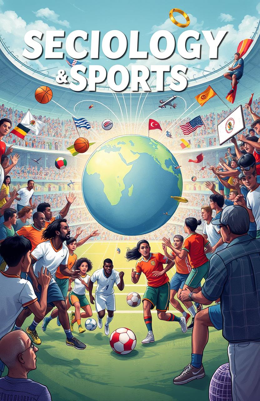 A dynamic illustration representing the intersection of sociology and sports, featuring a diverse group of athletes from various backgrounds engaging in sporting activities