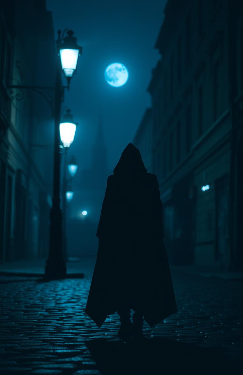 A dark silhouette of a mysterious figure standing under a dim streetlamp at night, the shadows stretching long and eerie across a cobblestone street