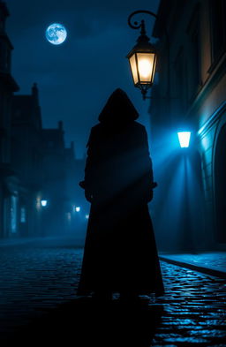 A dark silhouette of a mysterious figure standing under a dim streetlamp at night, the shadows stretching long and eerie across a cobblestone street