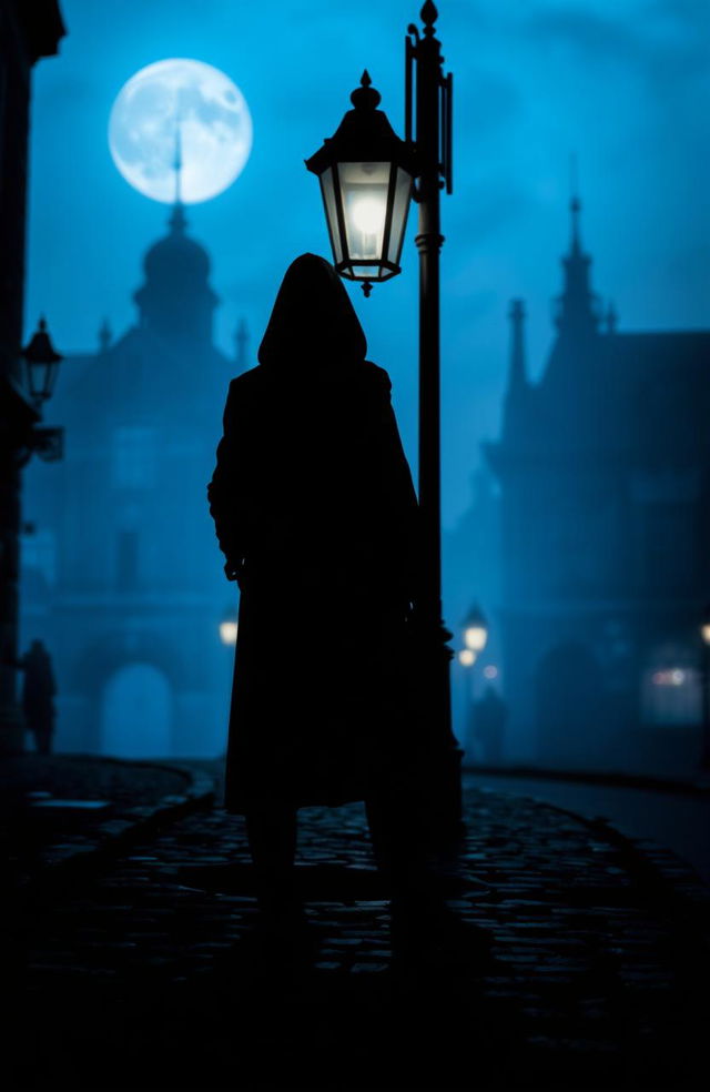 A dark silhouette of a mysterious figure standing under a dim streetlamp at night, the shadows stretching long and eerie across a cobblestone street