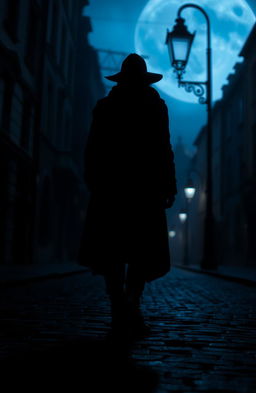 A dark silhouette of a mysterious figure standing under a dim streetlamp at night, the shadows stretching long and eerie across a cobblestone street