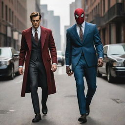 A dynamic image of Spiderman dressed in stylish mafia clothing, accompanied by a mysterious partner dressed similarly. They both stride forward confidently, ready to take on any challenge.