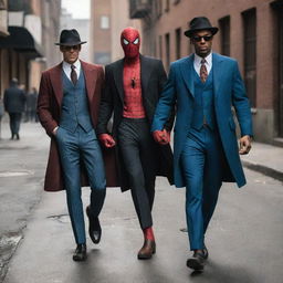 A dynamic image of Spiderman dressed in stylish mafia clothing, accompanied by a mysterious partner dressed similarly. They both stride forward confidently, ready to take on any challenge.