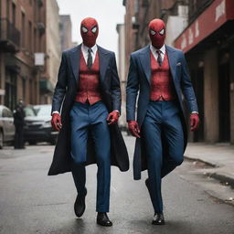 A dynamic image of Spiderman dressed in stylish mafia clothing, accompanied by a mysterious partner dressed similarly. They both stride forward confidently, ready to take on any challenge.