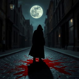 A dark silhouette of a mysterious figure standing under a dim streetlamp, with an ethereal aura as splashes of deep crimson blood paint the cobblestone street