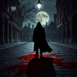 A dark silhouette of a mysterious figure standing under a dim streetlamp, with an ethereal aura as splashes of deep crimson blood paint the cobblestone street