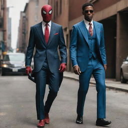 A dynamic image of Spiderman dressed in stylish mafia clothing, accompanied by a mysterious partner dressed similarly. They both stride forward confidently, ready to take on any challenge.