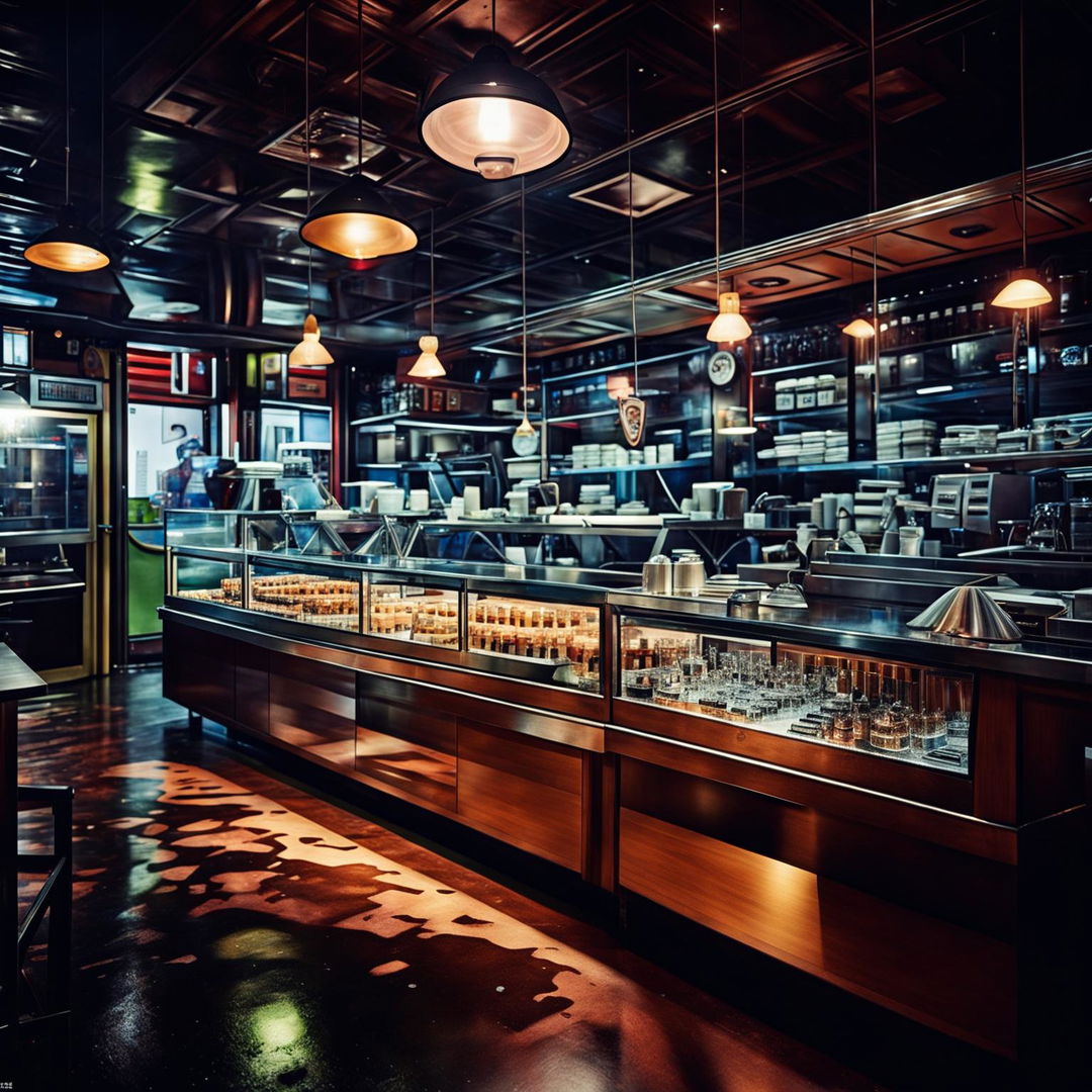 Ultra-high-definition photograph of a pristine, trendy night cafe with a superior design layout, devoid of people, with intricate details, intense lighting effects, and immaculate composition, akin to a cinematic scene or an intense magazine photoshoot.