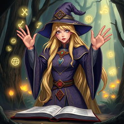 A female human wizard character for a DnD art character sheet, featuring long blonde hair