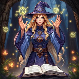 A female human wizard character for a DnD art character sheet, featuring long blonde hair