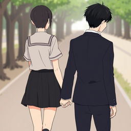 A high school couple holding hands, seen from the back view, illustrated in a subtle anime style