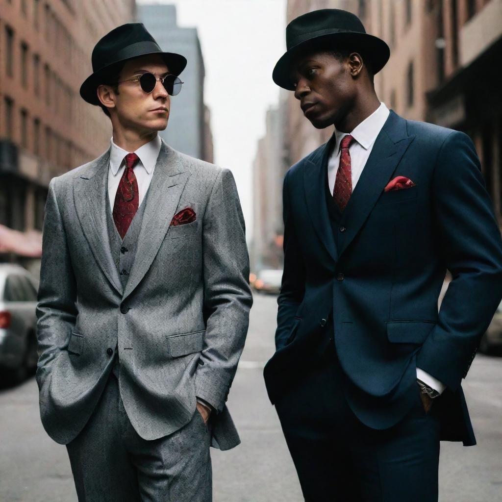 Spiderman dressed in sophisticated mafia attire, standing next to a trusted partner who matches his style. Both have a challenging demeanor while they survey their territory in the heart of the city.