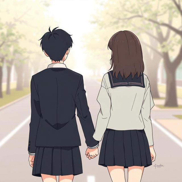 A high school couple holding hands, seen from the back view, illustrated in a subtle anime style