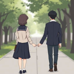A high school couple holding hands, seen from the back view, illustrated in a subtle anime style