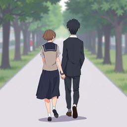 A high school couple holding hands, seen from the back view, illustrated in a subtle anime style