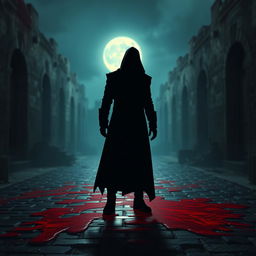 A dark silhouette of a figure named Shadow, drenched in vivid crimson blood, standing hauntingly in an eerie, moonlit environment