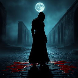 A dark silhouette of a figure named Shadow, drenched in vivid crimson blood, standing hauntingly in an eerie, moonlit environment