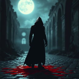 A dark silhouette of a figure named Shadow, drenched in vivid crimson blood, standing hauntingly in an eerie, moonlit environment
