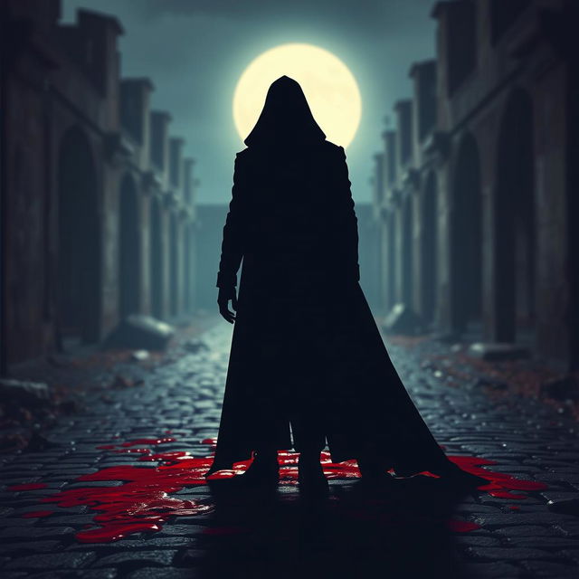 A dark silhouette of a figure named Shadow, drenched in vivid crimson blood, standing hauntingly in an eerie, moonlit environment