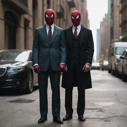 Spiderman dressed in sophisticated mafia attire, standing next to a trusted partner who matches his style. Both have a challenging demeanor while they survey their territory in the heart of the city.