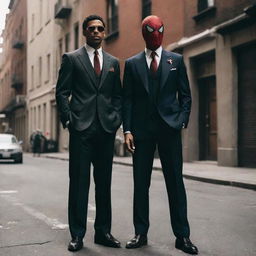 Spiderman dressed in sophisticated mafia attire, standing next to a trusted partner who matches his style. Both have a challenging demeanor while they survey their territory in the heart of the city.