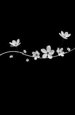 A stunning black background featuring an elegant white line flowing across the image, adorned with beautiful white translucent flowers blooming gracefully along the line