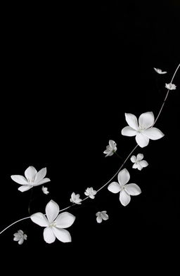A stunning black background featuring an elegant white line flowing across the image, adorned with beautiful white translucent flowers blooming gracefully along the line