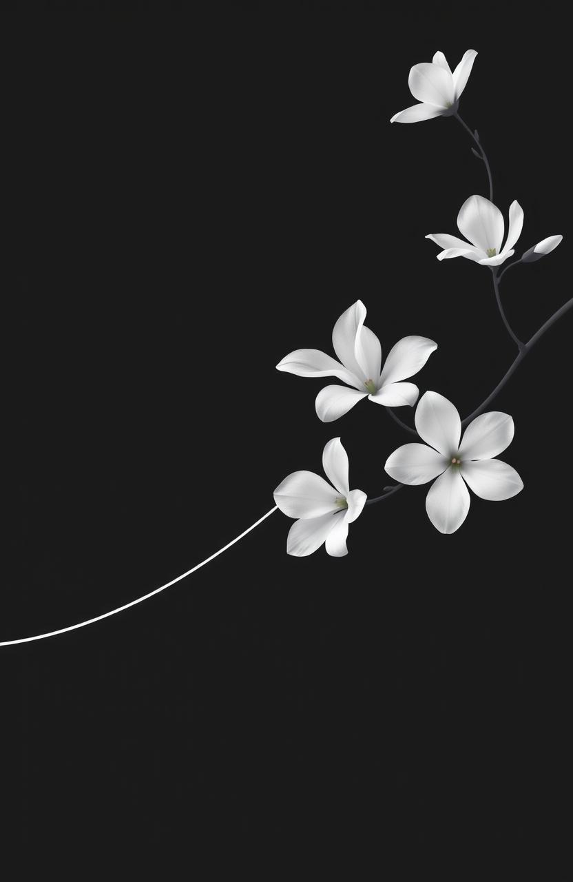 A stunning black background featuring an elegant white line flowing across the image, adorned with beautiful white translucent flowers blooming gracefully along the line