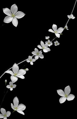 A stunning black background featuring an elegant white line flowing across the image, adorned with beautiful white translucent flowers blooming gracefully along the line