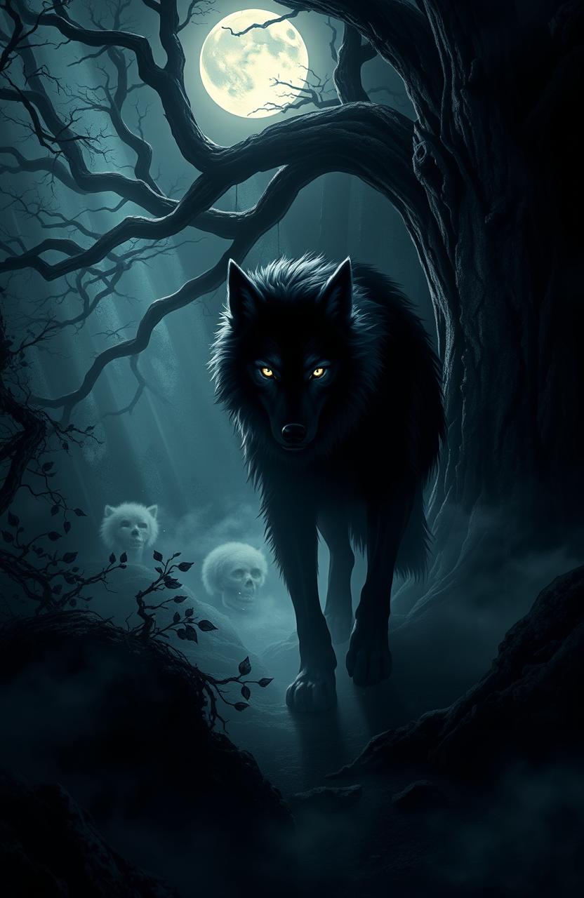 A mystical depiction of 'El Lobo de las Sombras', a powerful shadow wolf