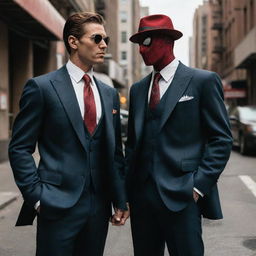 Spiderman dressed in sophisticated mafia attire, standing next to a trusted partner who matches his style. Both have a challenging demeanor while they survey their territory in the heart of the city.