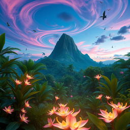 A visually stunning 3D representation of an alien landscape inspired by the movie Avatar, showcasing lush jungle greenery, bioluminescent plants, and a majestic floating mountain in the background