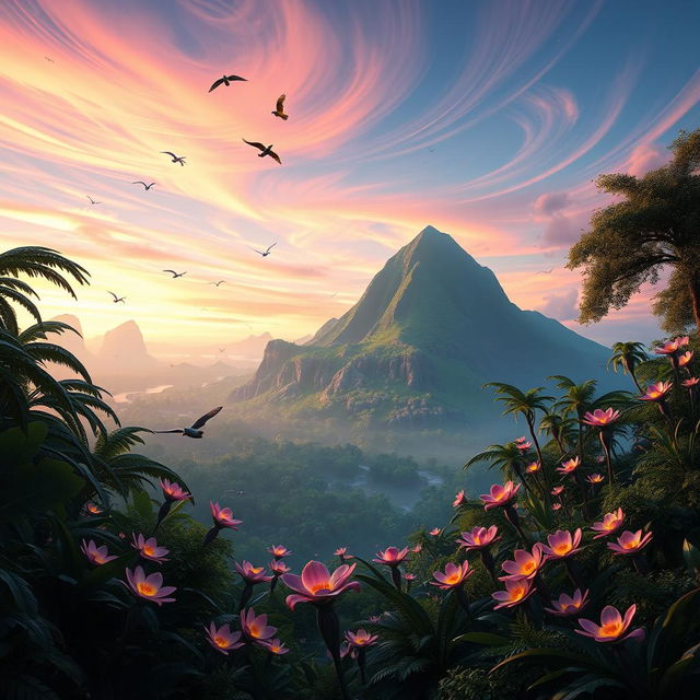 A visually stunning 3D representation of an alien landscape inspired by the movie Avatar, showcasing lush jungle greenery, bioluminescent plants, and a majestic floating mountain in the background