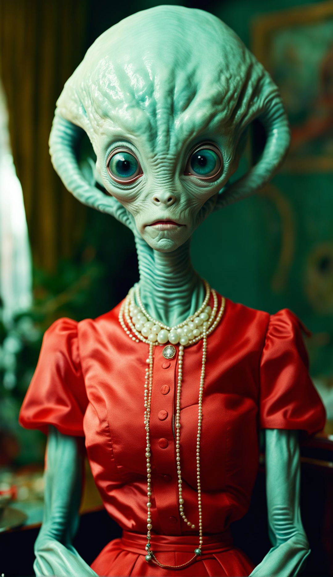 Cyan-skinned alien with large eyes, wearing a red 1950s dress and a housewife style wig, captured in high-resolution using a Canon EOS 5DS and an 85mm f/1.2 lens.