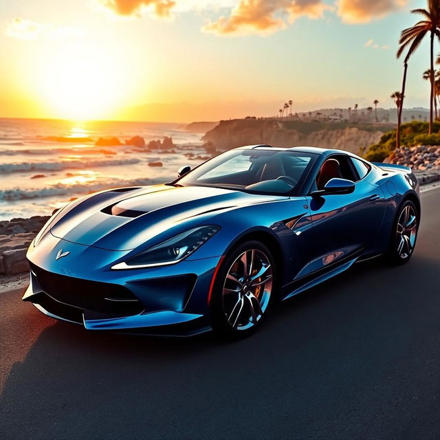 A sleek, modern sports car parked on a scenic coastal road, with the ocean waves crashing against the rocks in the background