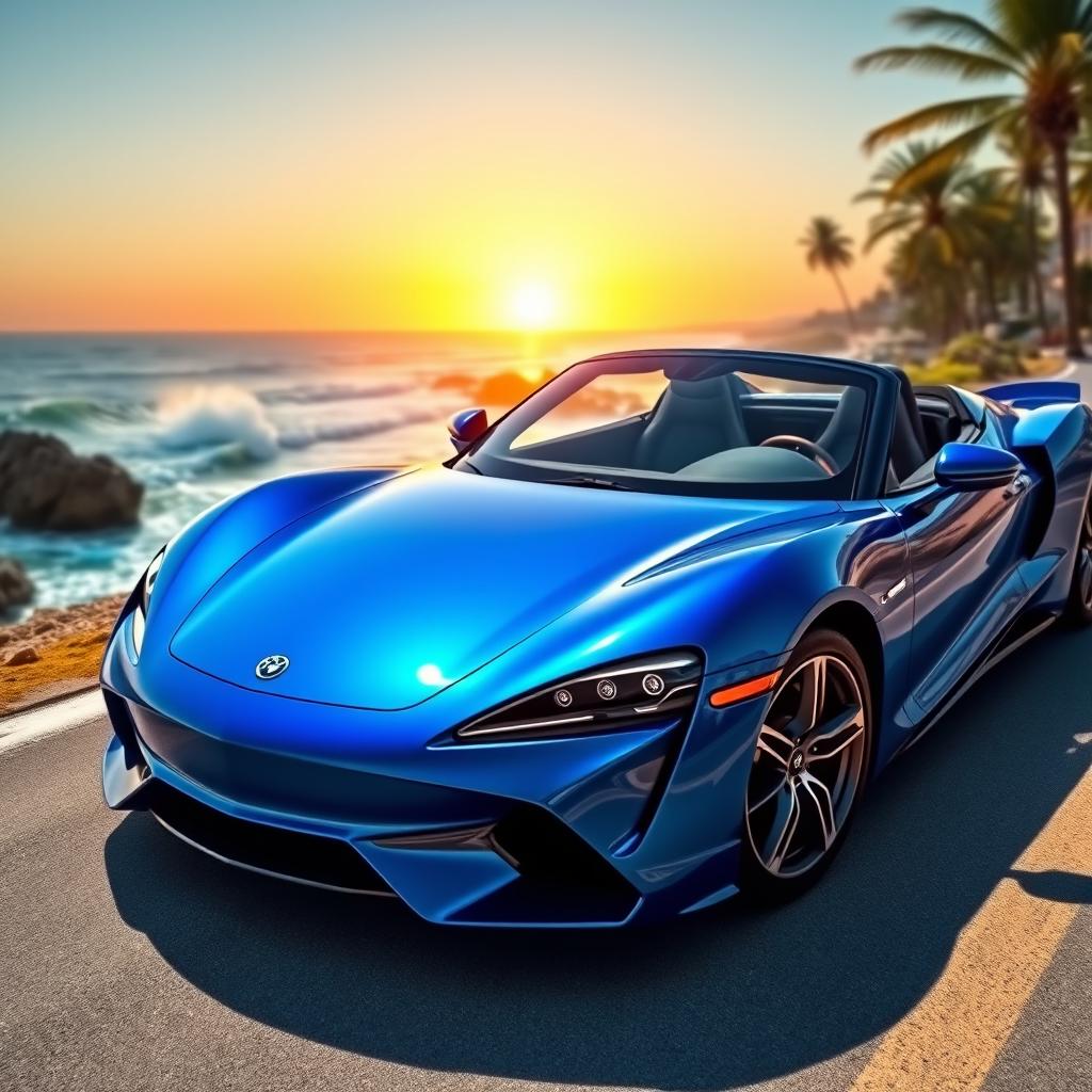 A sleek, modern sports car parked on a scenic coastal road, with the ocean waves crashing against the rocks in the background