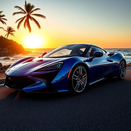 A sleek, modern sports car parked on a scenic coastal road, with the ocean waves crashing against the rocks in the background