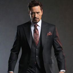 A creative fusion of Iron Man in the style of a mafia boss. Dressed in a slick suit while retaining elements of the iconic Iron Man armor, exuding an aura of power and sophistication