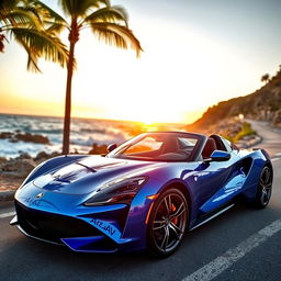 A sleek, modern sports car parked on a scenic coastal road, with the ocean waves crashing against the rocks in the background
