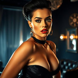 A daring and provocative image featuring a confident woman with striking features and a bold hairstyle, showcasing BDSM aesthetic with tasteful nipple clamps accentuating her silhouette