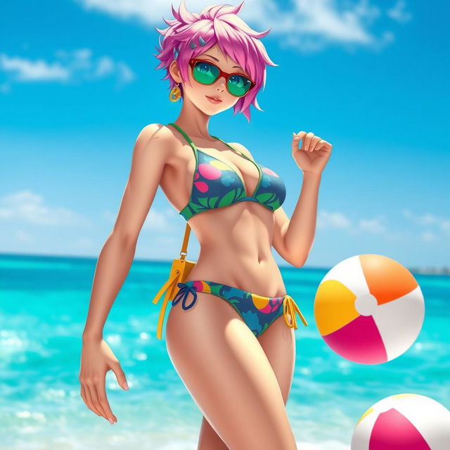 A female character resembling a stylish and futuristic version of a gaming character, wearing a vibrant and colorful bikini, with a sleek and athletic build