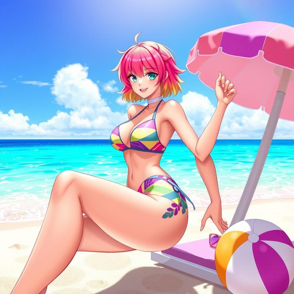 A female character resembling a stylish and futuristic version of a gaming character, wearing a vibrant and colorful bikini, with a sleek and athletic build