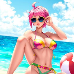 A female character resembling a stylish and futuristic version of a gaming character, wearing a vibrant and colorful bikini, with a sleek and athletic build