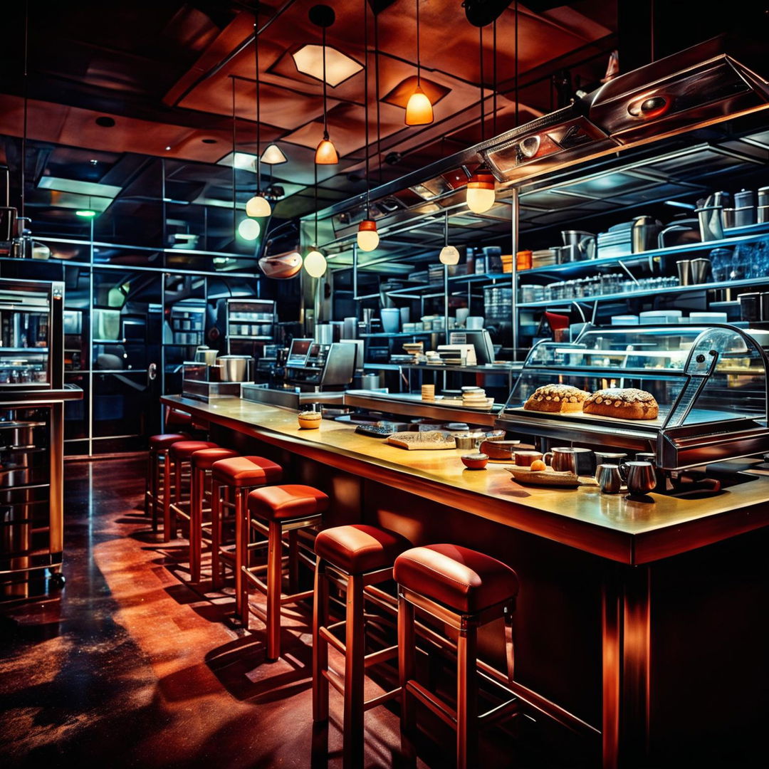 Ultra-high-definition photograph of a perfectly designed, trendy night cafe with the seating area in view, devoid of people, with intricate details, intense lighting effects, and immaculate composition, akin to a cinematic scene or an intense magazine photoshoot.